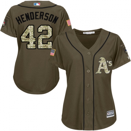 Women's Majestic Oakland Athletics #42 Dave Henderson Authentic Green Salute to Service MLB Jersey