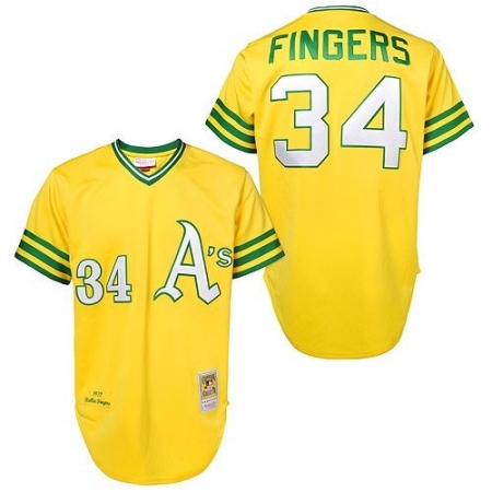 Men's Mitchell and Ness Oakland Athletics #34 Rollie Fingers Authentic Gold Throwback MLB Jersey
