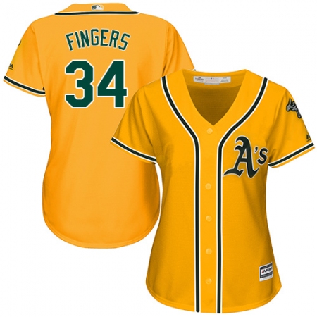 Women's Majestic Oakland Athletics #34 Rollie Fingers Authentic Gold Alternate 2 Cool Base MLB Jersey